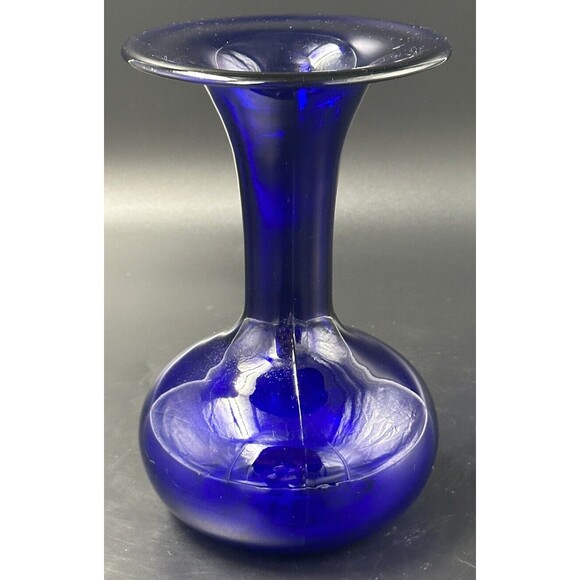 Vintage Handblown Deep Cobalt Blue Glass Flared Gooseneck Vase with Bulbous Base - Picture 4 of 6